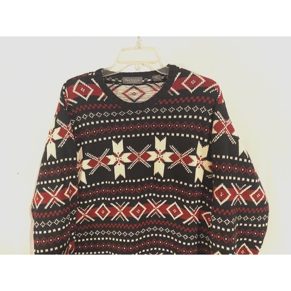 Mens Van Heusen Fair Isle Winter Christmas Sweater XL Black Red/White Crew Neck - Picture 2 of 11